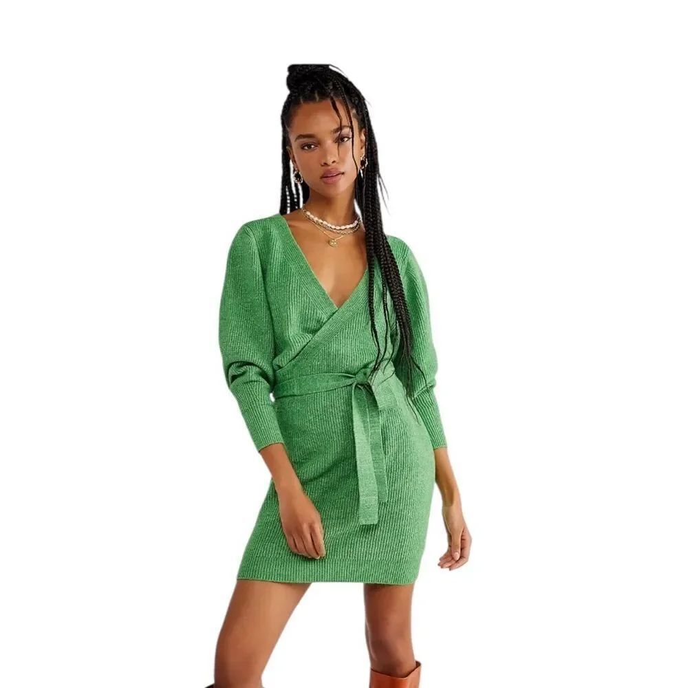 Free People Sienna Wrap Sweater Dress in Green Small